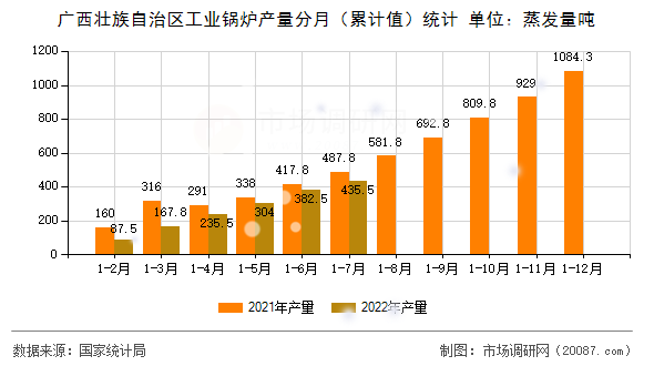 广西壮族自治区工业锅炉产量分月（累计值）统计