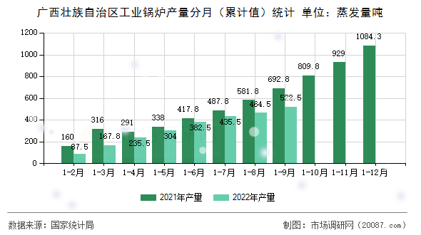 广西壮族自治区工业锅炉产量分月（累计值）统计