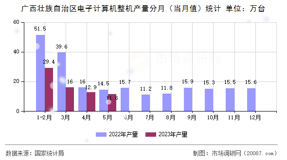 广西壮族自治区电子计算机整机产量分月（当月值）统计