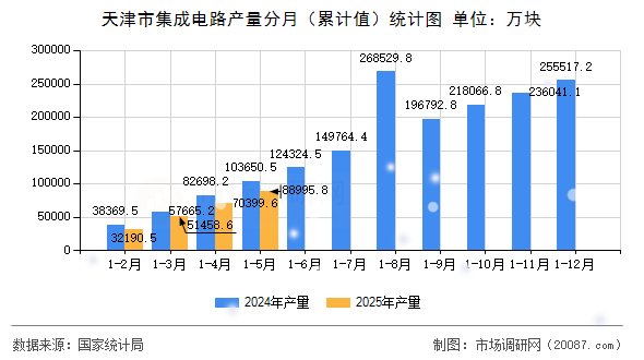天津市集成电路产量分月（累计值）统计图