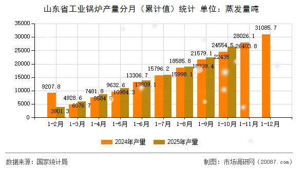 山东省工业锅炉产量分月（累计值）统计