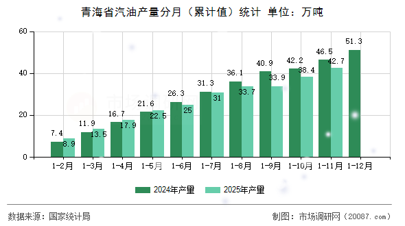 青海省汽油产量分月(累计值)统计 青海省汽油产量分月(累计值)统计