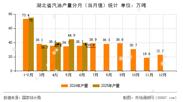 湖北省汽油产量分月（当月值）统计