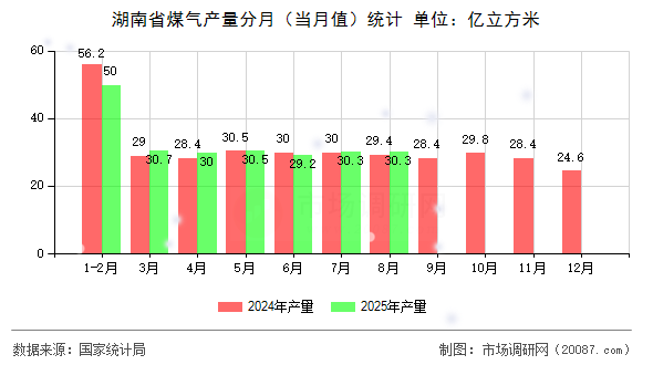 湖南省煤气产量分月（当月值）统计