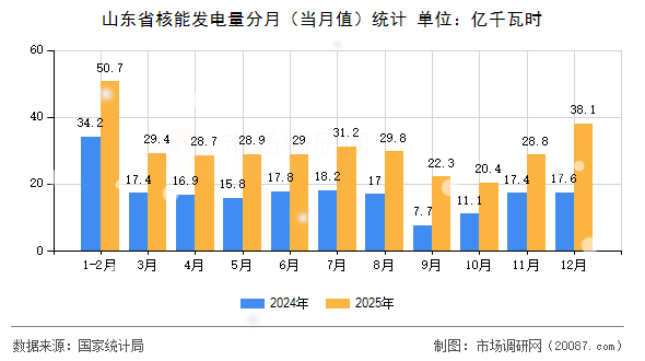 山东省核能发电量分月(当月值)统计 山东省核能发电量分月(当月值)统计